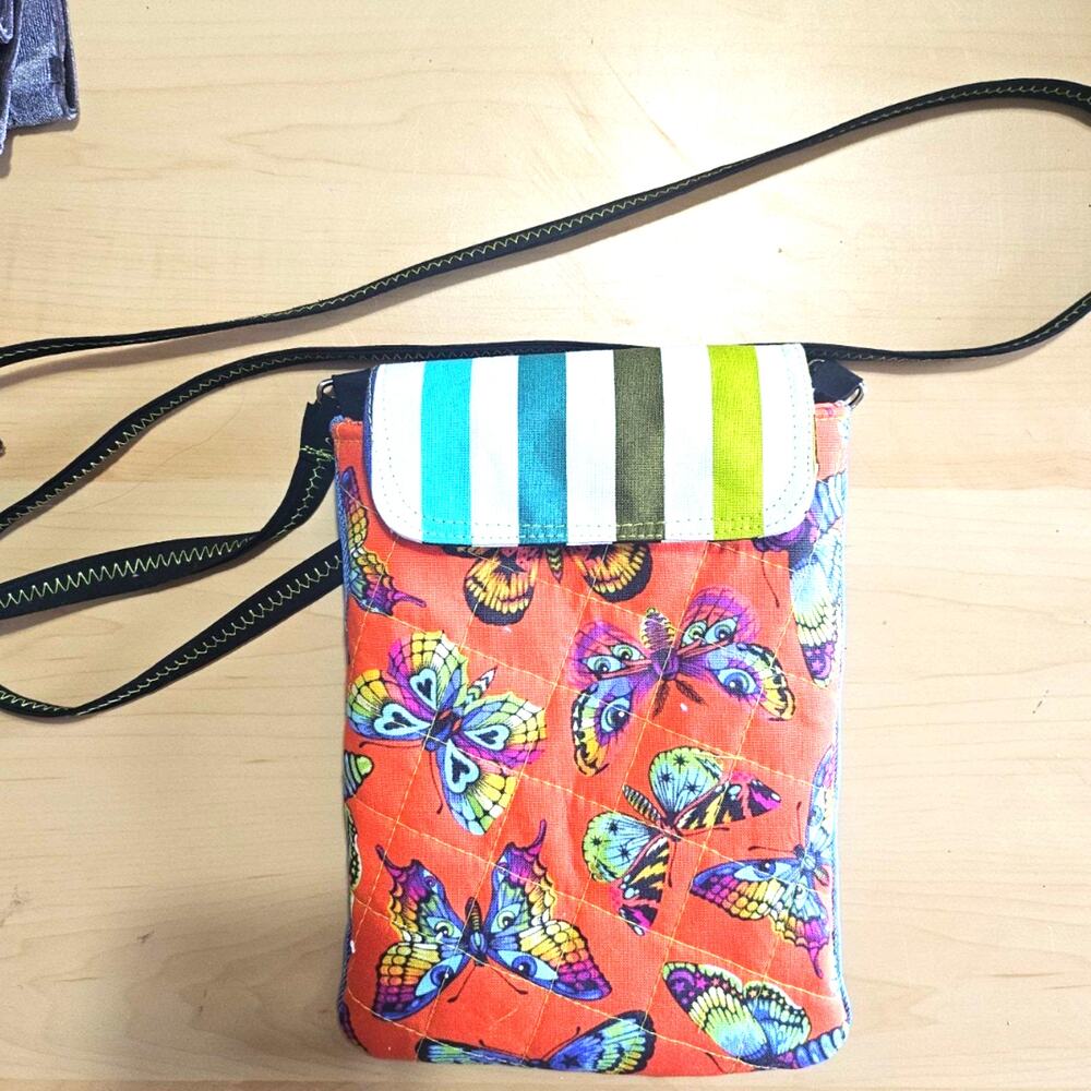 Handmade Upcycled Quilted Crossbody Bag With Strap And Snap Closure Butterflies